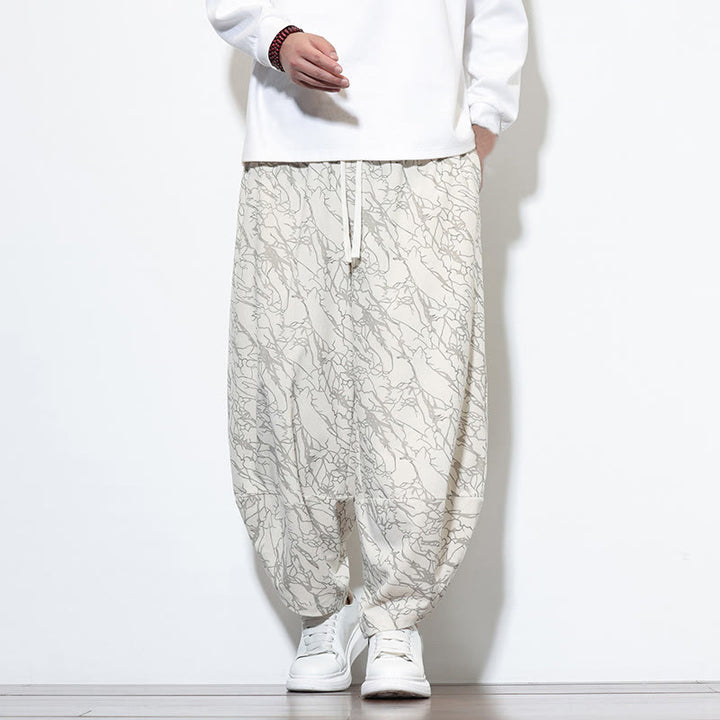 Pantalones harén para hombre, de algodón, con cintura elástica y bolsillos, estampado de líneas texturizadas y Buddha Stones en otoño. - Blanco - US/UK/AU46, EU56 (5XL) - image 24