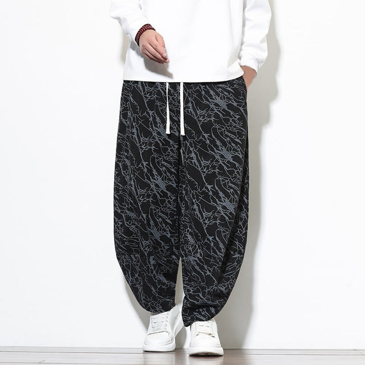 Pantalones harén para hombre, de algodón, con cintura elástica y bolsillos, estampado de líneas texturizadas y Buddha Stones en otoño. - Negro - US/UK/AU46, EU56 (5XL) - image 8