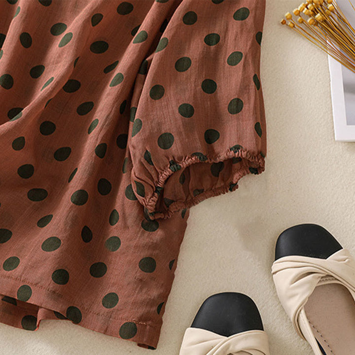 Camisa de poliéster para mujer de manga larga con cuello redondo y lunares de Buddha Stones Fall  - image 3