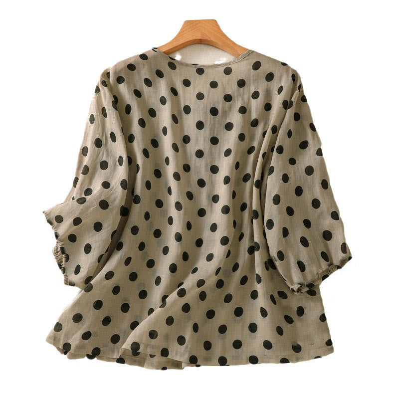 Camisa de poliéster para mujer de manga larga con cuello redondo y lunares de Buddha Stones Fall  - image 17