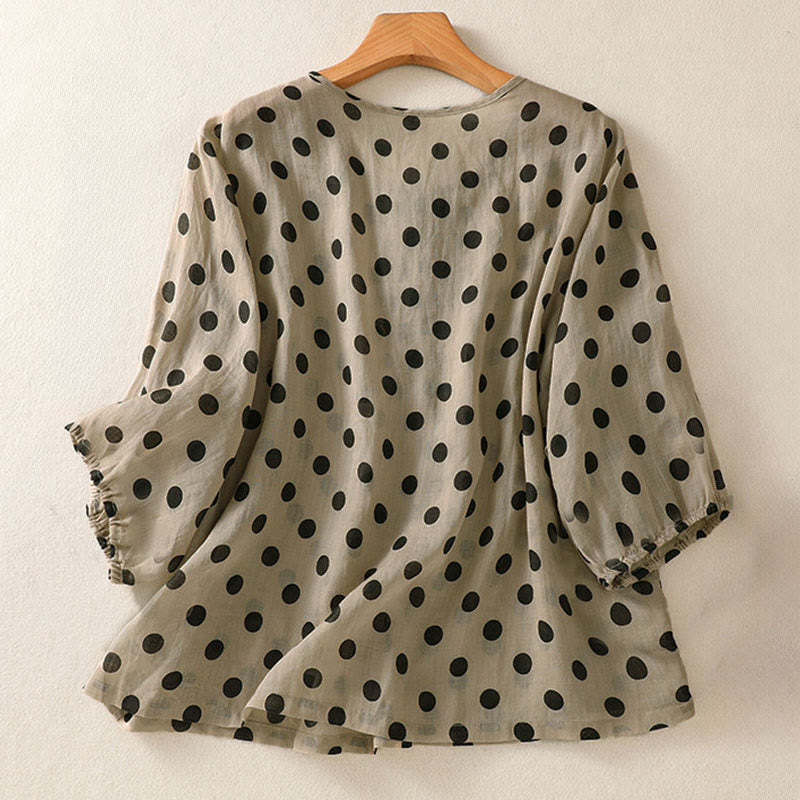Camisa de poliéster para mujer de manga larga con cuello redondo y lunares de Buddha Stones Fall  - image 16