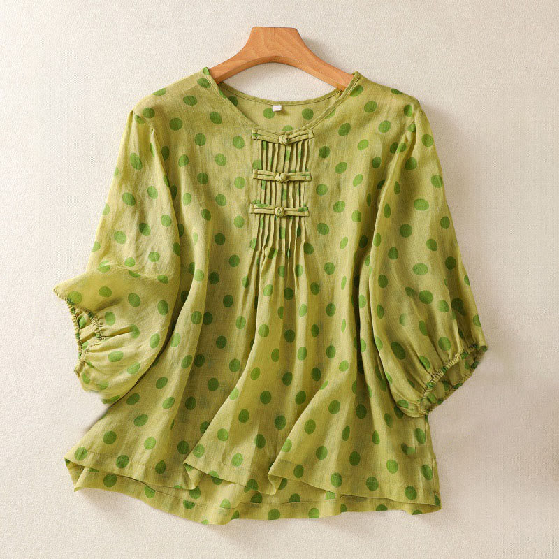 Camisa de poliéster para mujer de manga larga con cuello redondo y lunares de Buddha Stones Fall  - Verde amarillento - US12, UK/AU16, EU44 (2XL) - image 7