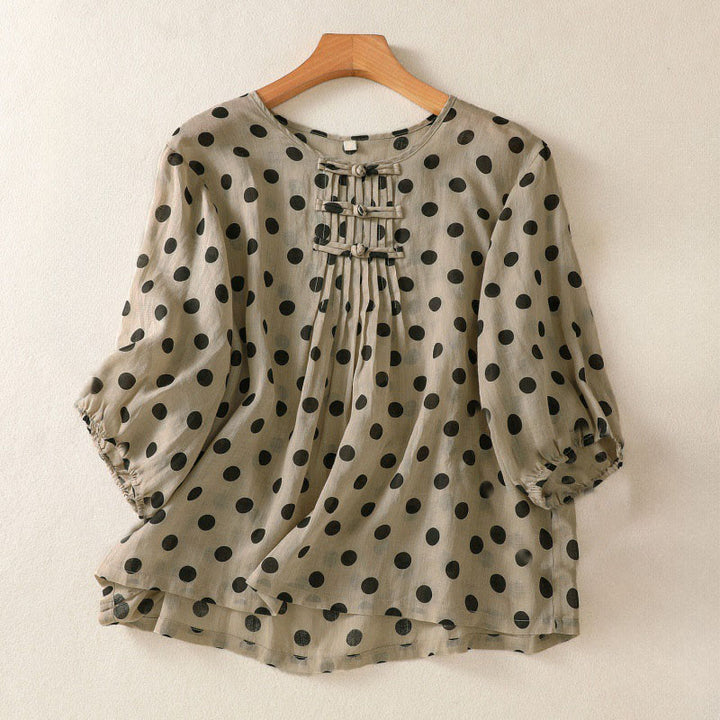 Camisa de poliéster para mujer de manga larga con cuello redondo y lunares de Buddha Stones Fall  - Broncearse - US12, UK/AU16, EU44 (2XL) - image 15