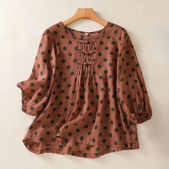 Camisa de poliéster para mujer de manga larga con cuello redondo y lunares de Buddha Stones Fall  - Ladrillo refractario - US12, UK/AU16, EU44 (2XL) - image 0