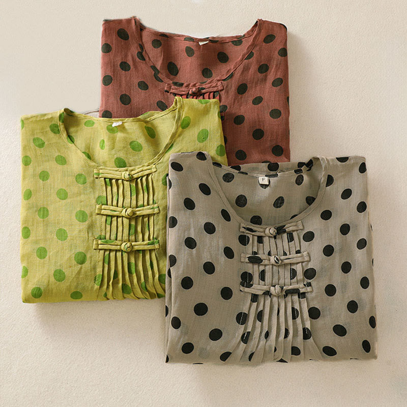 Camisa de poliéster para mujer de manga larga con cuello redondo y lunares de Buddha Stones Fall  - image 26