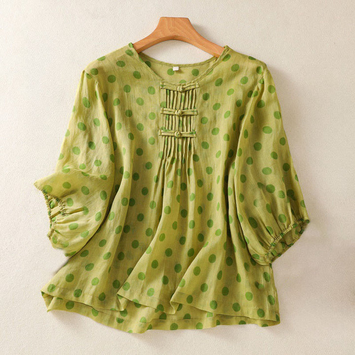 Camisa de poliéster para mujer de manga larga con cuello redondo y lunares de Buddha Stones Fall  - Verde amarillento - US12, UK/AU16, EU44 (2XL) - image 7