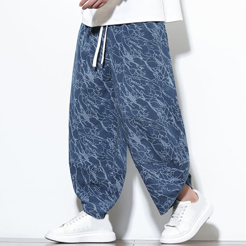 Pantalones harén para hombre, de algodón, con cintura elástica y bolsillos, estampado de líneas texturizadas y Buddha Stones en otoño. - image 1