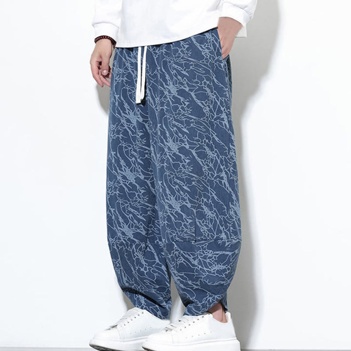 Pantalones harén para hombre, de algodón, con cintura elástica y bolsillos, estampado de líneas texturizadas y Buddha Stones en otoño. - image 4