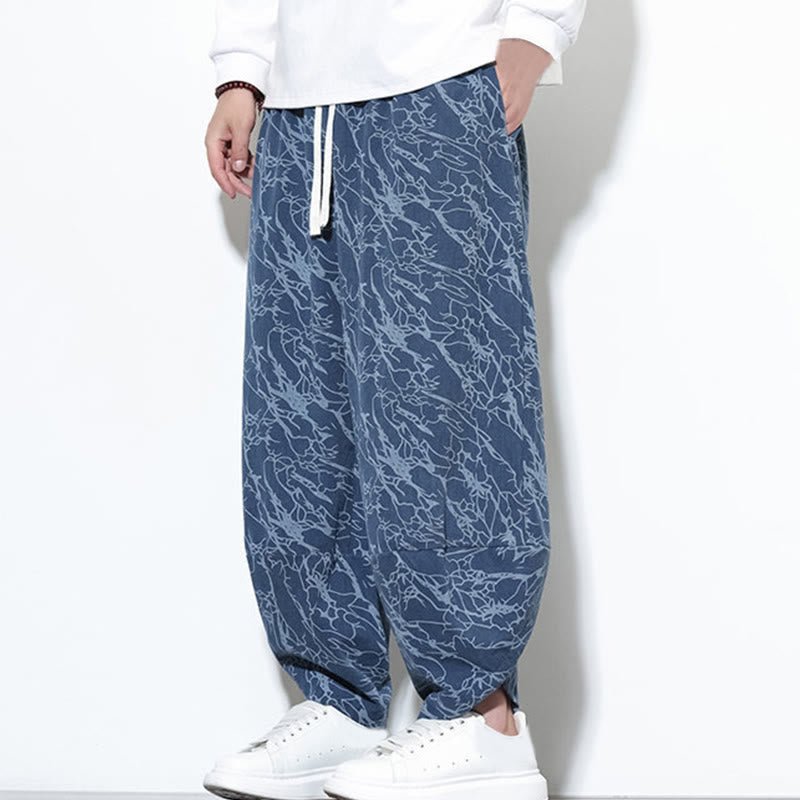 Pantalones harén para hombre, de algodón, con cintura elástica y bolsillos, estampado de líneas texturizadas y Buddha Stones en otoño. - image 4
