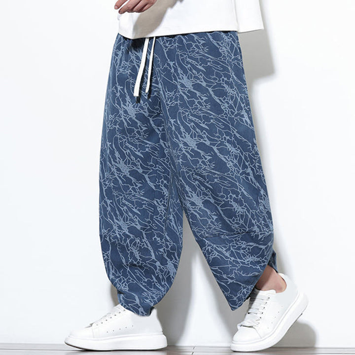 Pantalones harén para hombre, de algodón, con cintura elástica y bolsillos, estampado de líneas texturizadas y Buddha Stones en otoño. - image 1