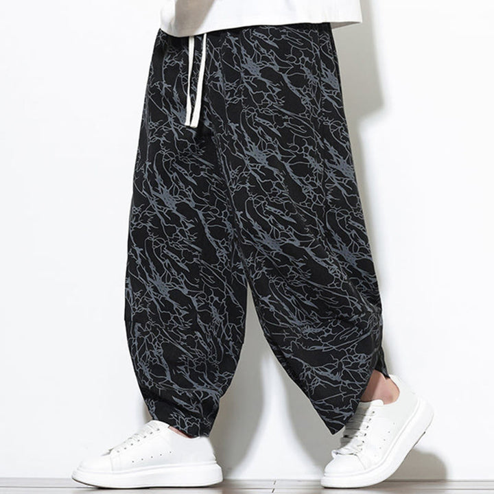 Pantalones harén para hombre, de algodón, con cintura elástica y bolsillos, estampado de líneas texturizadas y Buddha Stones en otoño. - image 9