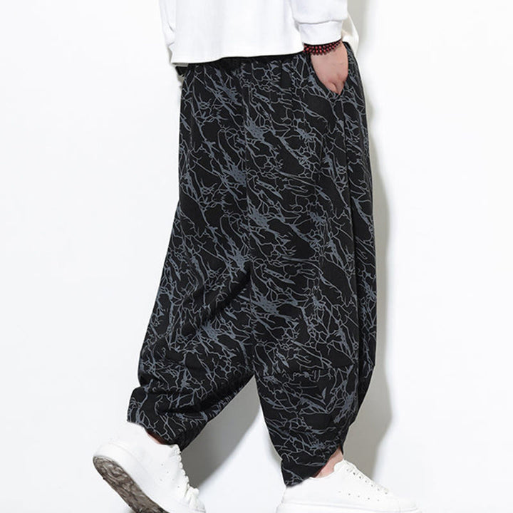 Pantalones harén para hombre, de algodón, con cintura elástica y bolsillos, estampado de líneas texturizadas y Buddha Stones en otoño. - image 11