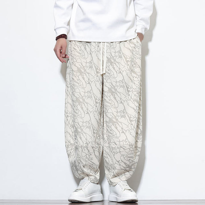 Pantalones harén para hombre, de algodón, con cintura elástica y bolsillos, estampado de líneas texturizadas y Buddha Stones en otoño. - image 25