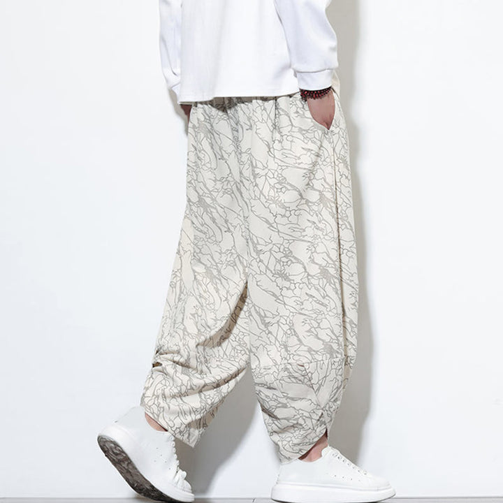 Pantalones harén para hombre, de algodón, con cintura elástica y bolsillos, estampado de líneas texturizadas y Buddha Stones en otoño. - image 27