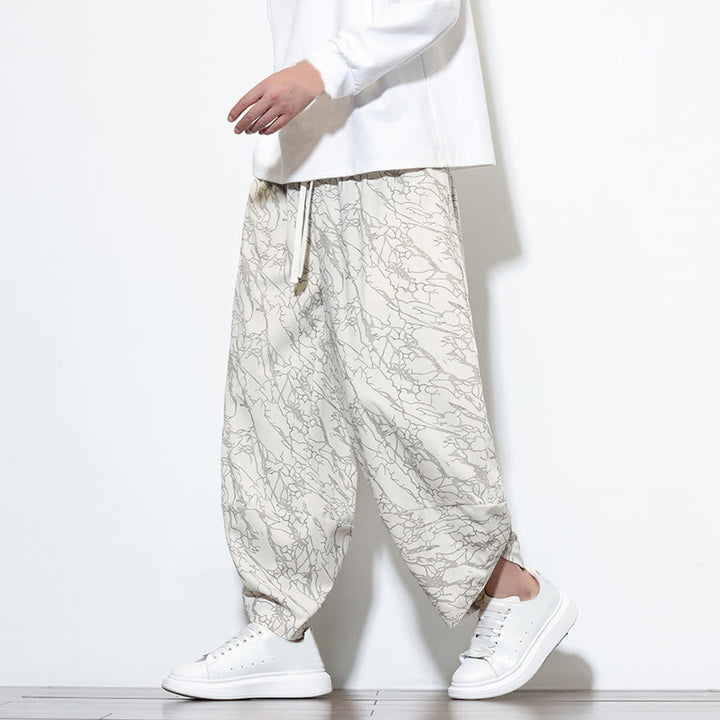 Pantalones harén para hombre, de algodón, con cintura elástica y bolsillos, estampado de líneas texturizadas y Buddha Stones en otoño. - image 29