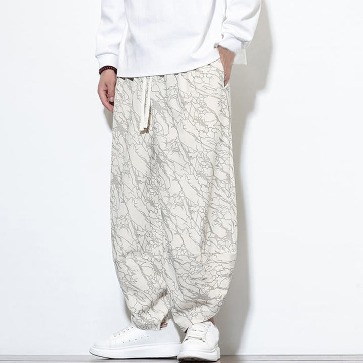 Pantalones harén para hombre, de algodón, con cintura elástica y bolsillos, estampado de líneas texturizadas y Buddha Stones en otoño. - image 28