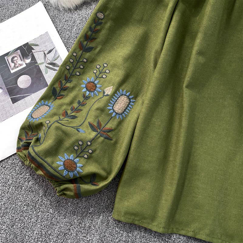 Camiseta de algodón y lino con cuello redondo para mujer, con bordado informal de flores y hojas de Buddha Stones  - image 8