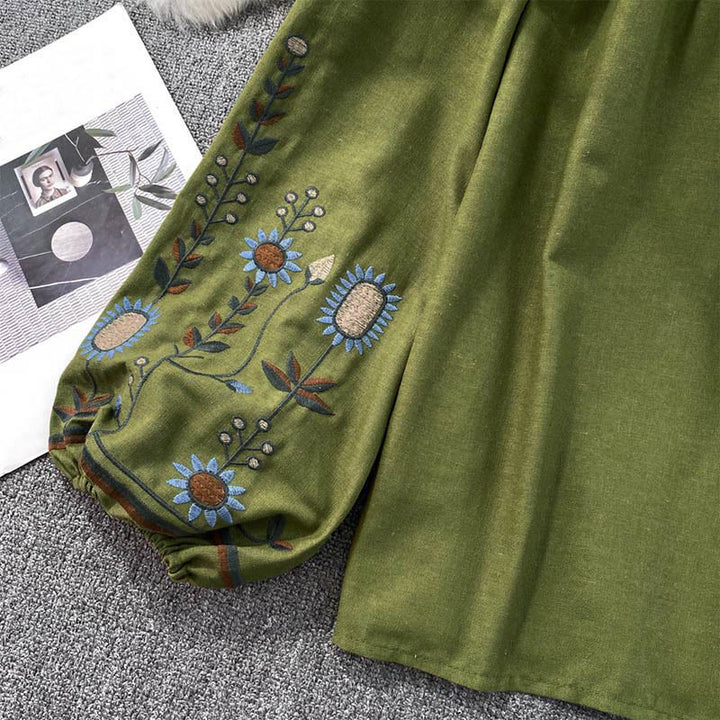 Camiseta de algodón y lino con cuello redondo para mujer, con bordado informal de flores y hojas de Buddha Stones  - image 8