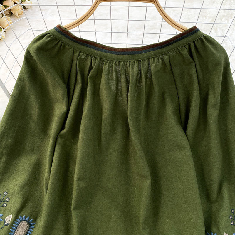 Camiseta de algodón y lino con cuello redondo para mujer, con bordado informal de flores y hojas de Buddha Stones  - image 10