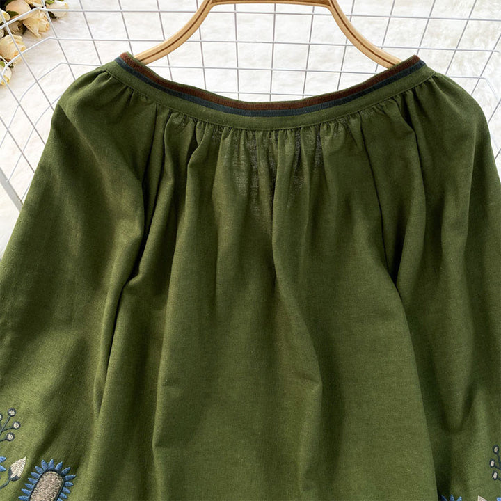 Camiseta de algodón y lino con cuello redondo para mujer, con bordado informal de flores y hojas de Buddha Stones  - image 10