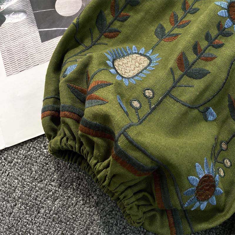 Camiseta de algodón y lino con cuello redondo para mujer, con bordado informal de flores y hojas de Buddha Stones  - image 6