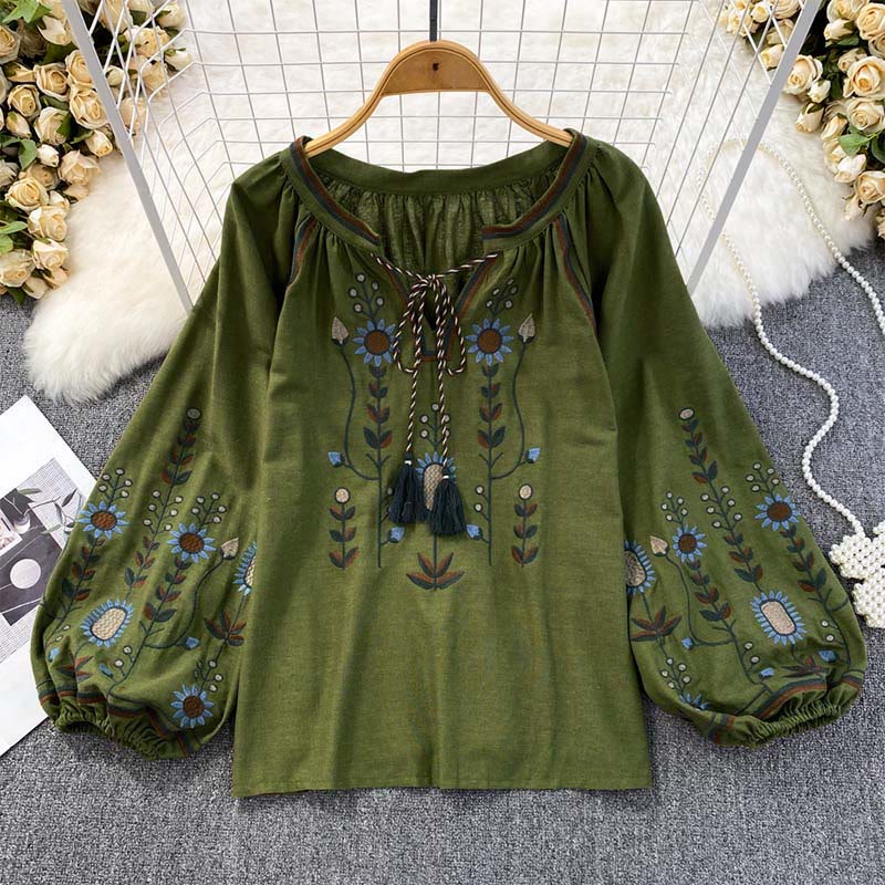 Camiseta de algodón y lino con cuello redondo para mujer, con bordado informal de flores y hojas de Buddha Stones  - Verde oscuro - US4-6, UK/AU8-10, EU36-38 (F) - image 0