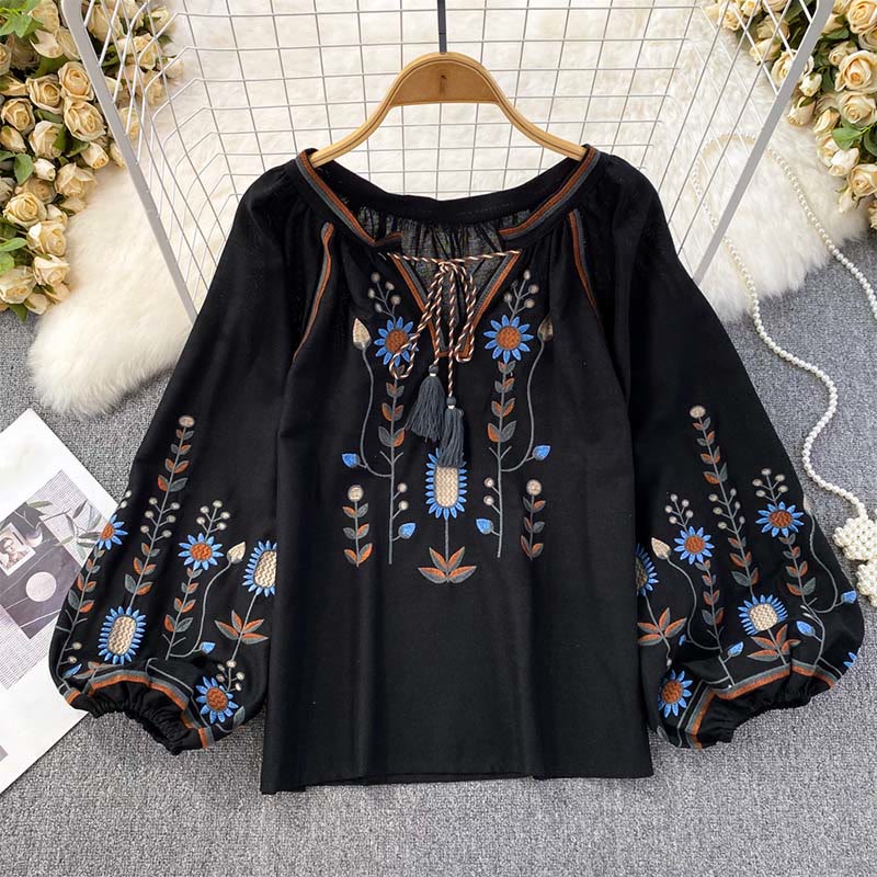 Camiseta de algodón y lino con cuello redondo para mujer, con bordado informal de flores y hojas de Buddha Stones  - Negro - US4-6, UK/AU8-10, EU36-38 (F) - image 15