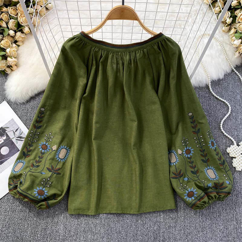 Camiseta de algodón y lino con cuello redondo para mujer, con bordado informal de flores y hojas de Buddha Stones  - image 1