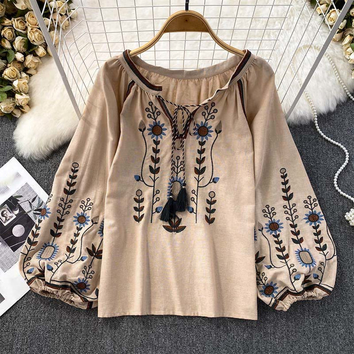 Camiseta de algodón y lino con cuello redondo para mujer, con bordado informal de flores y hojas de Buddha Stones  - BurlyWood - US4-6, UK/AU8-10, EU36-38 (F) - image 21