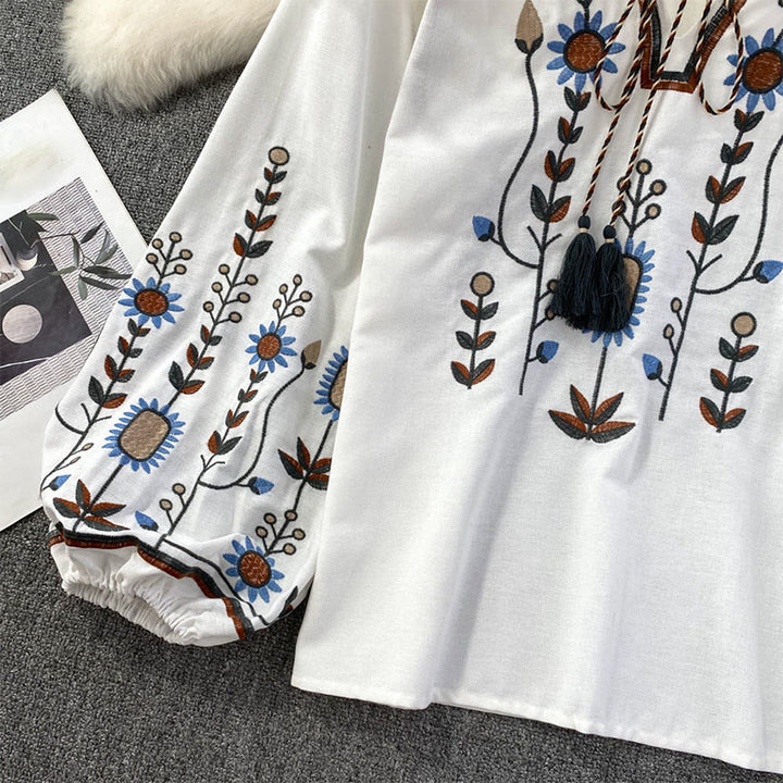 Camiseta de algodón y lino con cuello redondo para mujer, con bordado informal de flores y hojas de Buddha Stones  - image 13