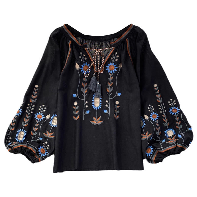 Camiseta de algodón y lino con cuello redondo para mujer, con bordado informal de flores y hojas de Buddha Stones  - image 16