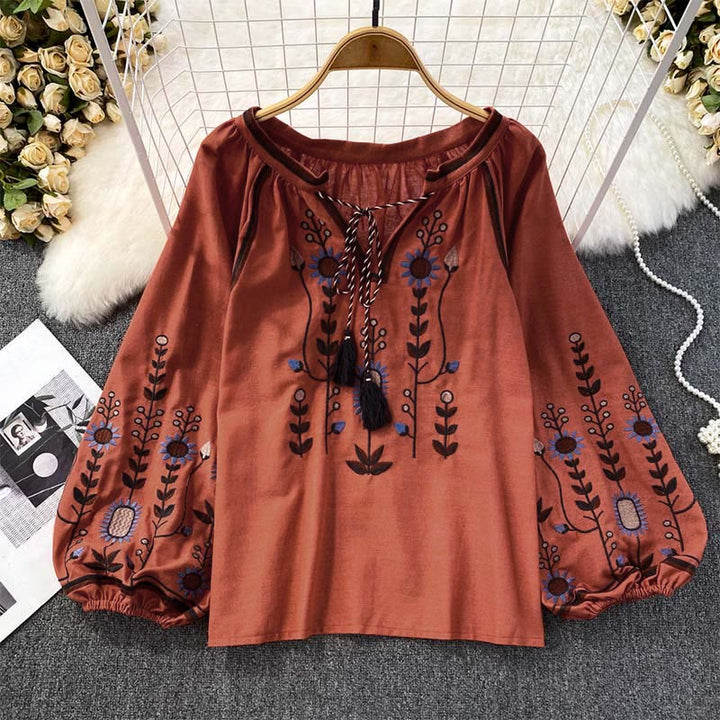 Camiseta de algodón y lino con cuello redondo para mujer, con bordado informal de flores y hojas de Buddha Stones  - Tomate - US4-6, UK/AU8-10, EU36-38 (F) - image 17