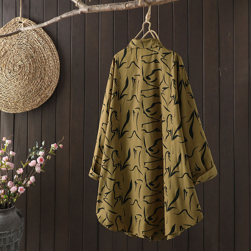 Camisa de algodón y poliéster de manga larga para mujer con cuello alto y estampado de líneas de Buddha Stones para primavera y otoño  - image 3