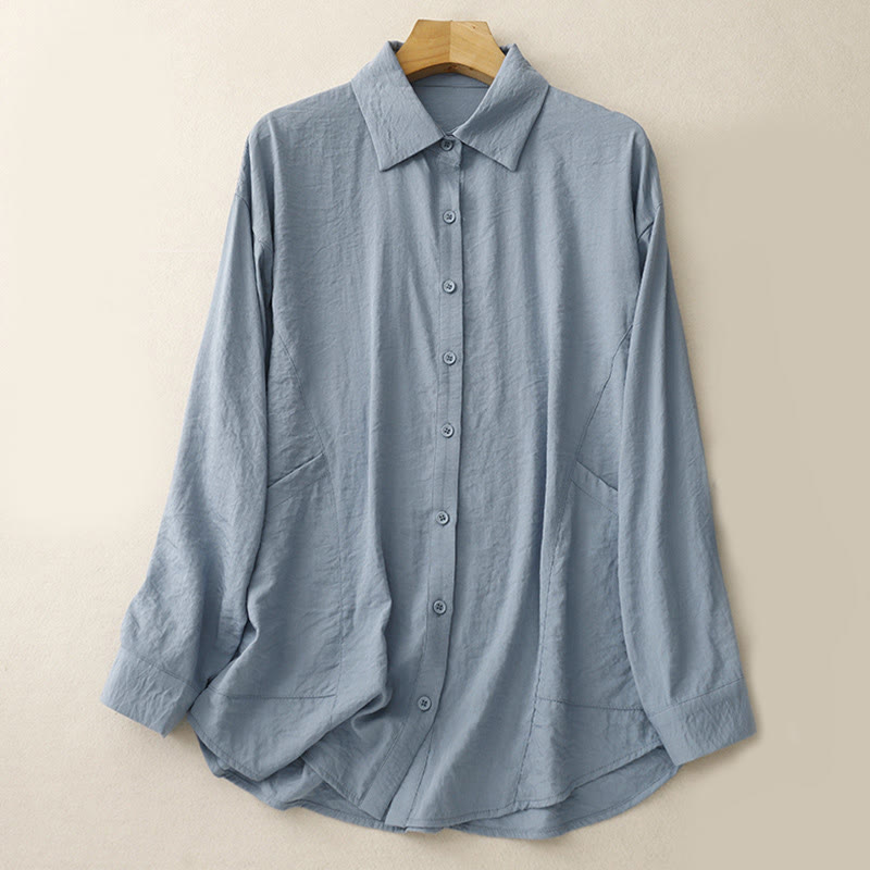 Camisa de algodón y poliéster para mujer, de manga larga, lisa, con cuello alto y estampado de Buddha Stones, primavera y otoño  - Azul claro - US8-10，UK/AU12-14，EU40-42 (2XL) - image 0