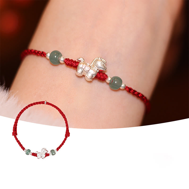 Pulsera de bendición de hilo rojo de jade cinabrio con Buddha Stones del Año del Caballo - Caballo plateado de cuerda roja (circunferencia de la muñeca: 14-16 cm) - image 12