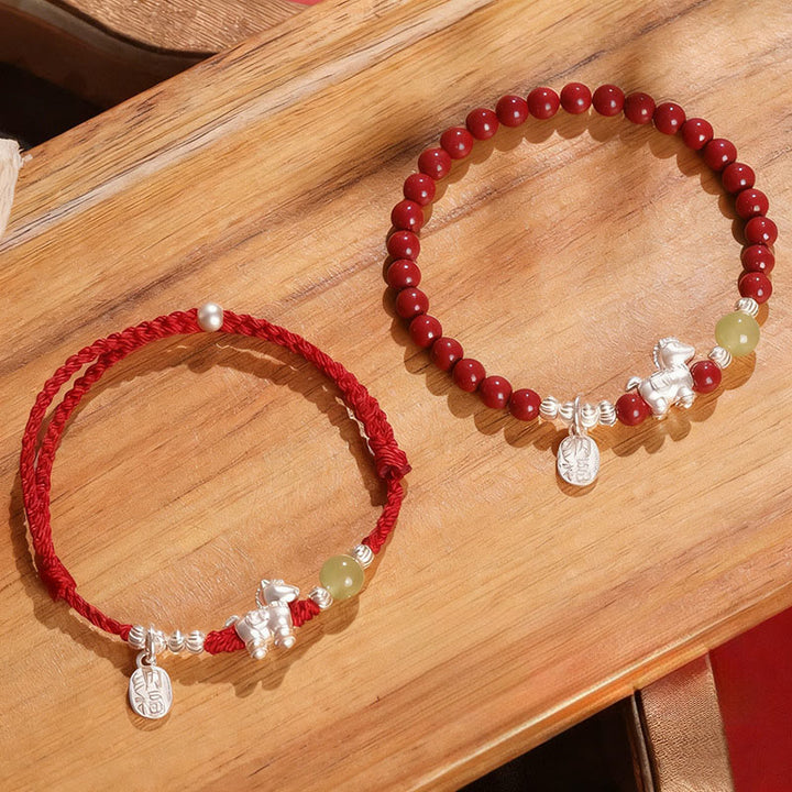 Pulsera de hilo rojo de plata de ley 999 con Buddha Stones y jade hetiano cinabrio del Año del Caballo. - Conjunto combinado (circunferencia de la muñeca: 14-15 cm) - image 0