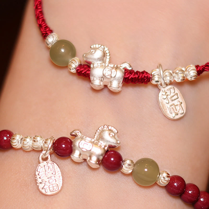 Pulsera de hilo rojo de plata de ley 999 con Buddha Stones y jade hetiano cinabrio del Año del Caballo. - image 22