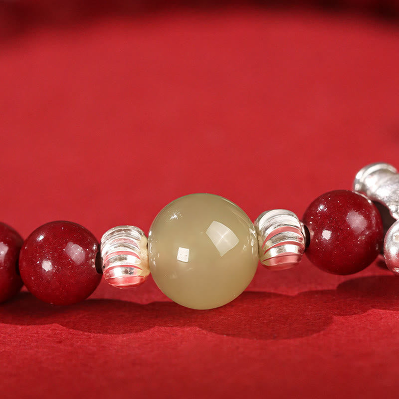 Pulsera de hilo rojo de plata de ley 999 con Buddha Stones y jade hetiano cinabrio del Año del Caballo. - image 3