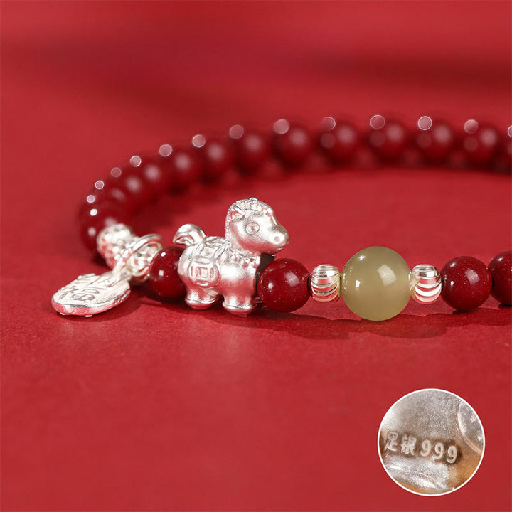 Pulsera de hilo rojo de plata de ley 999 con Buddha Stones y jade hetiano cinabrio del Año del Caballo. - image 12