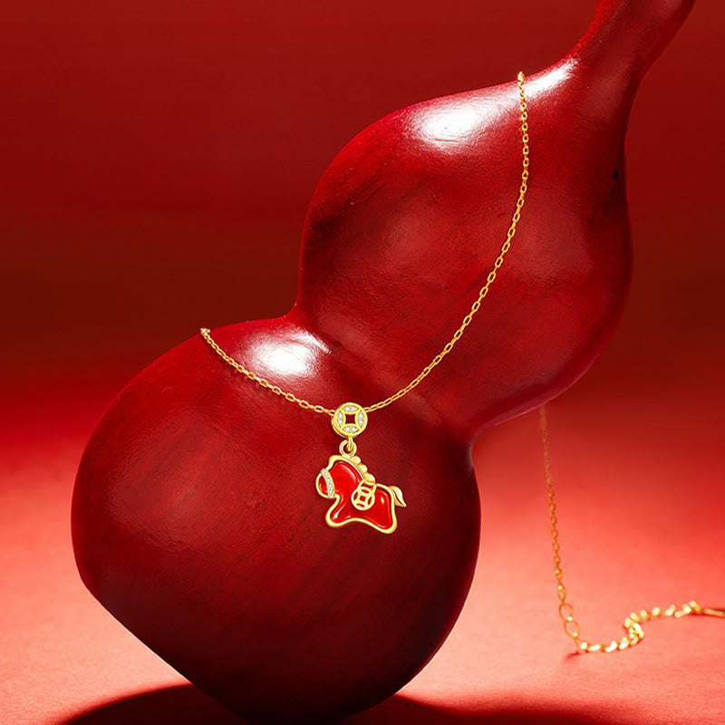 Collar con colgante de bendición de ágata roja de plata de ley 925 con monedas de cobre y piedras de Buddha Stones del Año del Caballo. - image 1