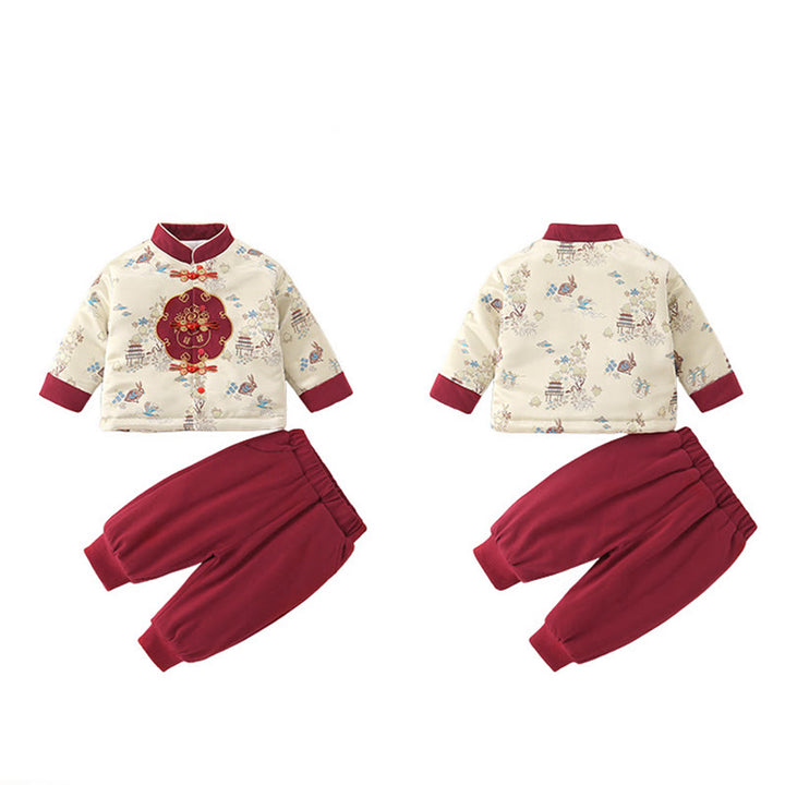 Conjunto de 2 piezas de traje de algodón de manga larga para bebé, niño pequeño, con diseño de conejo y melocotón, con Buddha Stones, cintura elástica y bolsillos - image 18