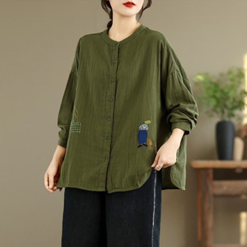 Camisa de manga larga para mujer con bordado de Buddha Stones y figuras humanas, diseño de perro y cuello redondo con botones - image 23