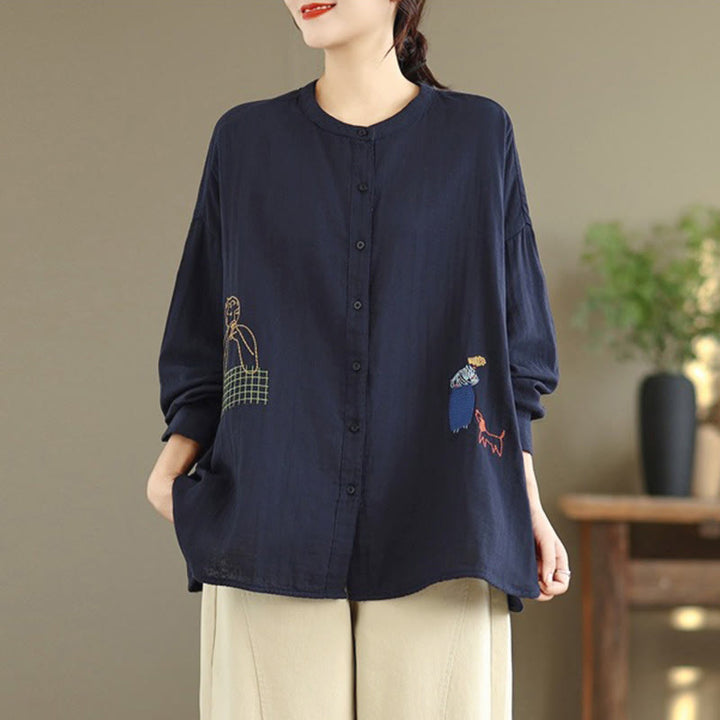 Camisa de manga larga para mujer con bordado de Buddha Stones y figuras humanas, diseño de perro y cuello redondo con botones - image 3