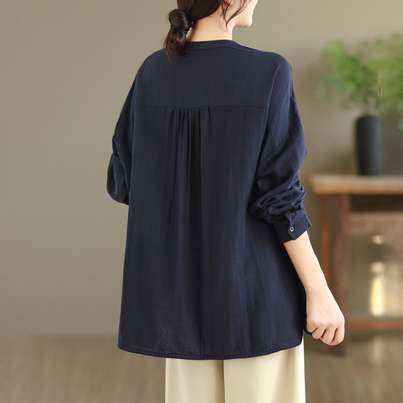 Camisa de manga larga para mujer con bordado de Buddha Stones y figuras humanas, diseño de perro y cuello redondo con botones - image 6