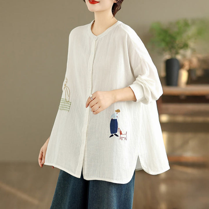 Camisa de manga larga para mujer con bordado de Buddha Stones y figuras humanas, diseño de perro y cuello redondo con botones - image 13