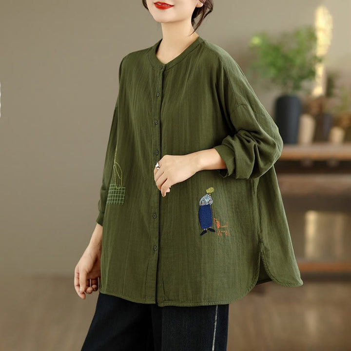 Camisa de manga larga para mujer con bordado de Buddha Stones y figuras humanas, diseño de perro y cuello redondo con botones - image 25