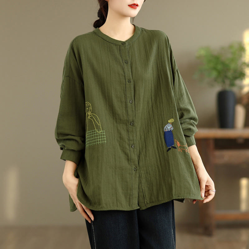 Camisa de manga larga para mujer con bordado de Buddha Stones y figuras humanas, diseño de perro y cuello redondo con botones - image 21