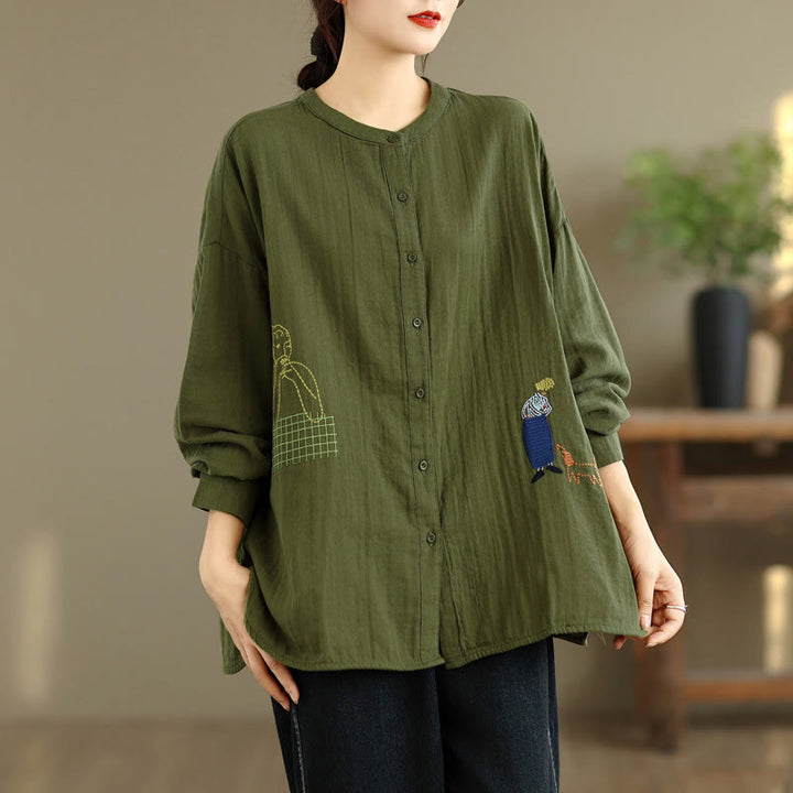 Camisa de manga larga para mujer con bordado de Buddha Stones y figuras humanas, diseño de perro y cuello redondo con botones - image 21