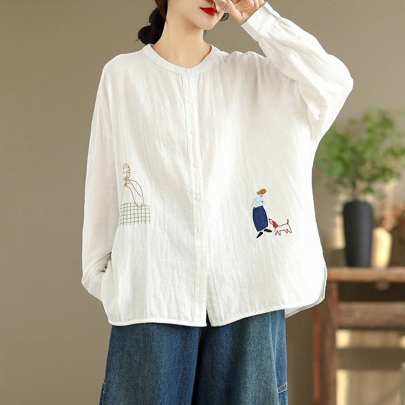 Camisa de manga larga para mujer con bordado de Buddha Stones y figuras humanas, diseño de perro y cuello redondo con botones - image 9