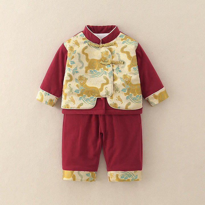 Conjunto de 2 piezas de traje de algodón de manga larga con diseño de tigre para bebé, niño pequeño, con cintura elástica y bolsillos, con Buddha Stones - Carmesí - 2-3T - image 0